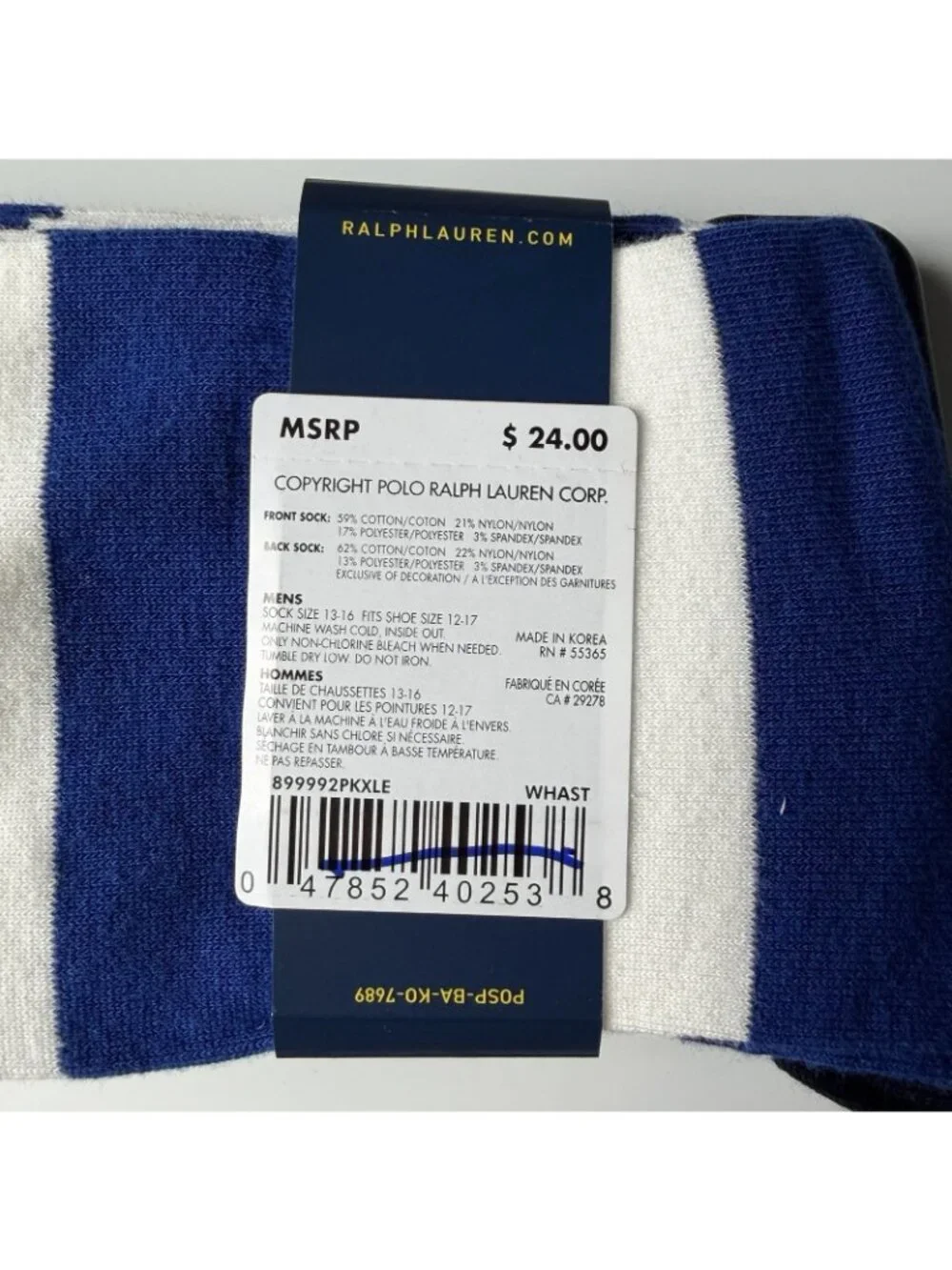 Polo Ralph Lauren Men's Sock 2 Pairs Bear and White with Blue Stripe Size 13-16